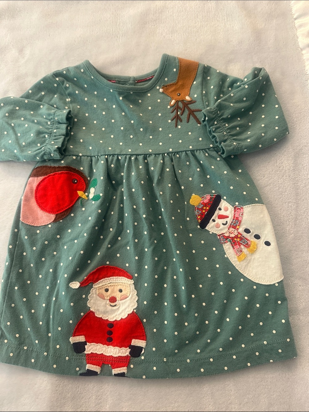 Boden Green Polka Dot Holiday Dress with Santa, Snowman & Robin. 3/6 month